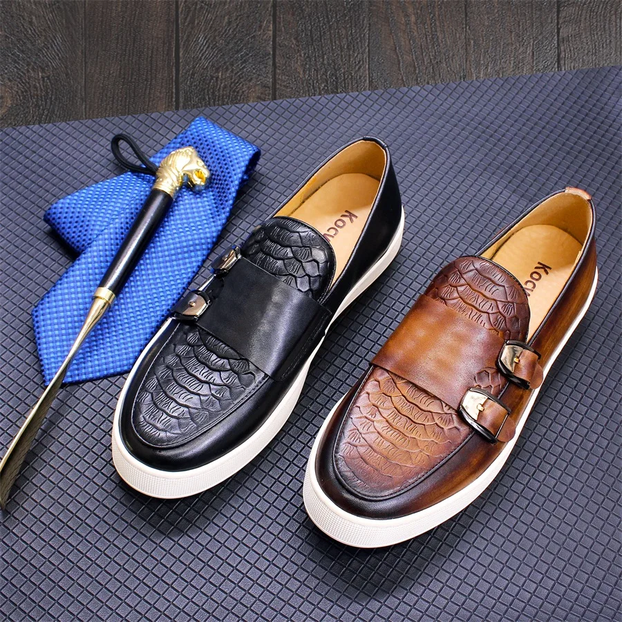 Zapatos informales de cuero genuino con hebilla de Metal para hombre, zapatos planos antideslizantes con cordones, hechos a mano, para banquete y