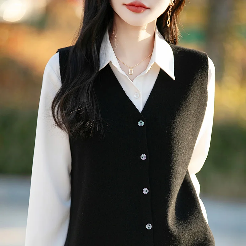 Rompi Wol Murni 100% Rompi Rajutan Kardigan Wanita 2025 Jaket Longgar Baru Rompi Joker Sweter Tanpa Lengan Kerah V Warna Solid