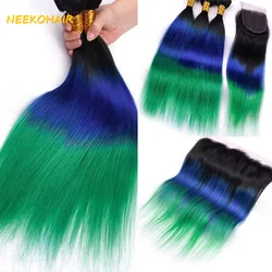 Mèches Remy 100% Naturelles avec Closure 4x4, Tissage de Cheveux Lisses, Ombré 3t, 1B-Blue-Green, 13x4