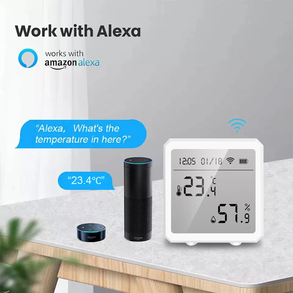 LCD Screen Wireless Tuya Smart Temperature and Humidity Sensor Voice Control Thermometer Detector Temperature Humidity Sensor