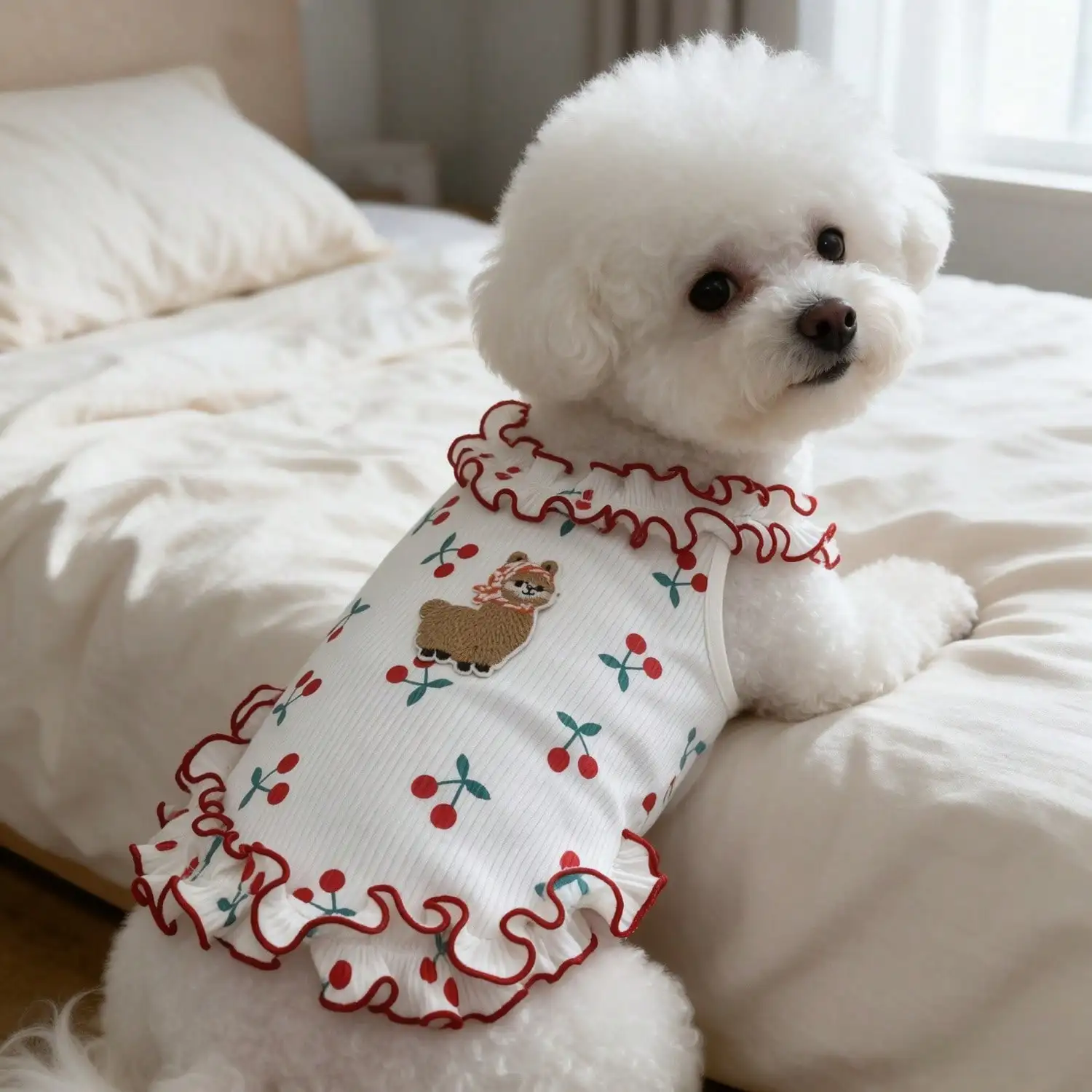 1 Stück Alpaka-Stickerei, Kirschmuster, Rüschen, ärmelloses Tanktop für kleine Hunde, ideal für den Sommer. – Detail 6