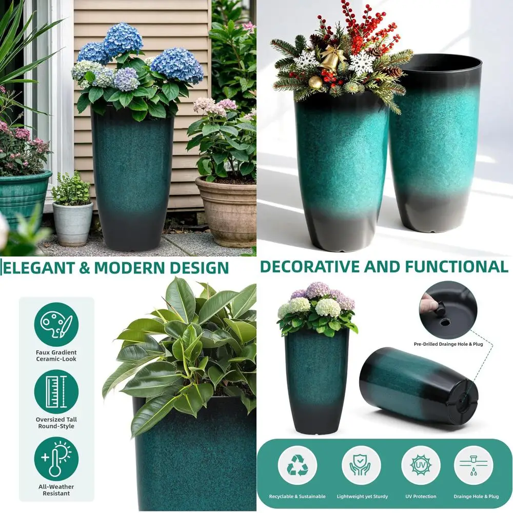 

Set of 2 Large 23.75 H Outdoor Planters in Gradient Turquoise, Weather-Resistant for All-Season Garden and Patio Decor