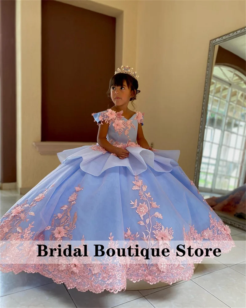 

Exquisite Sky Blue Princess Flower Girl Dresses Lace Appliques Beads Crystals Pearls Kids Birthday Dress For Wedding Ball Gown