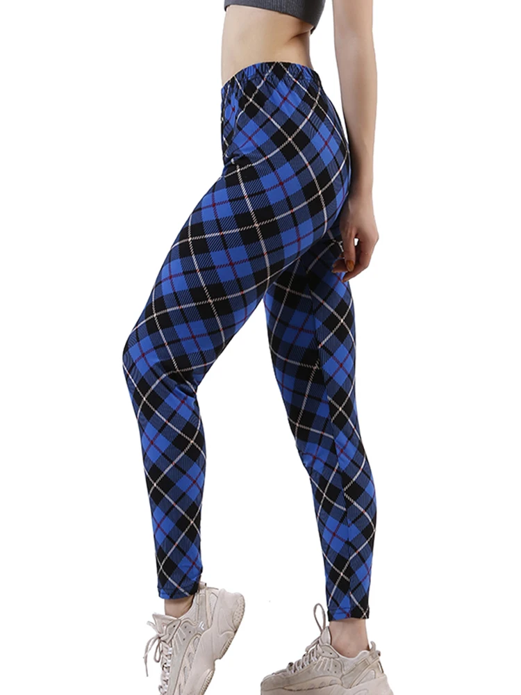 

YSDNCHI 2022 Fitness Activewear Sport Elastic Plaid Printed Leggings Women Pants XXL Workout Trousers High Waist Leggins