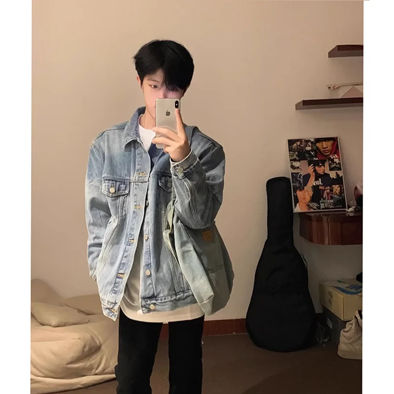 

Мужская джинсовая куртка Cleanfit Blue из премиального денима с американским воротником, свободного кроя, удлиненная, для подростков, весна-осень