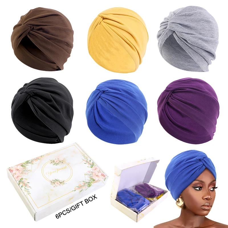

6PCS/LOT Gift box packaging high-quality Twisted hat Ethnic Baotou scarf Muslim Headwrap Caps Solid Color Ladies Wrap Hat