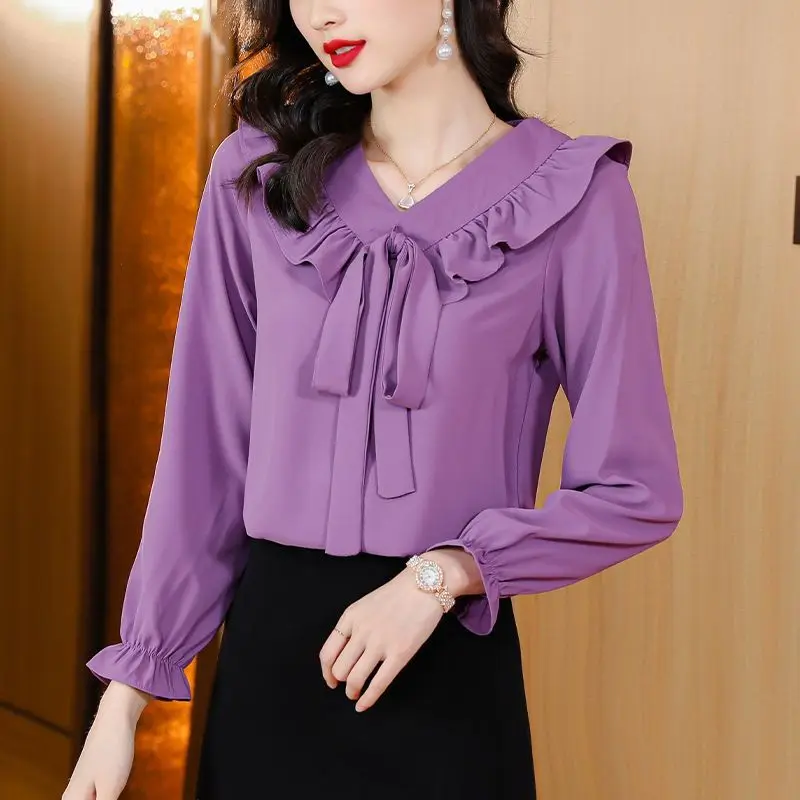 2023 Spring Autumn New Elegant Bow Solid Color Solid Color Long Sleeve Blouse Ladies Fashion Lacing Pullover Slim Women\'s Shirt