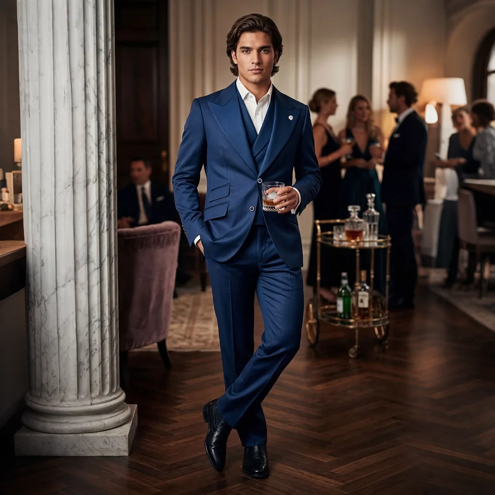 

Classic Men's Dark Blue Single Breasted Suit 3 Pieces Banquet Attire Jacket+Vest+Pants Formal Slim Fit Wedding Prom Party Tuxedo