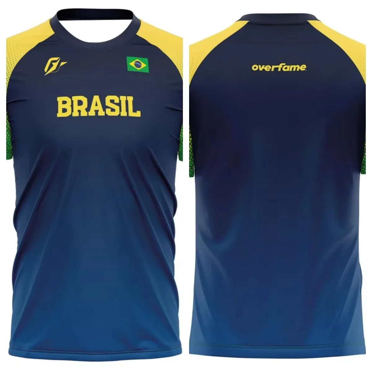 Elegante camiseta de voleibol_Sports, cuerpo azul marino, amarillo, mangas degradadas verdes, bandera bordada, ideal para fanáticos y atletas