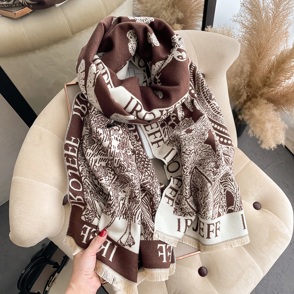 New Luxury Winter Rose Two-Sided Cashmere Jacquard Scarves High Quality Women Thicken Wrap Shawl Ladies Wool Pashmina Scarf