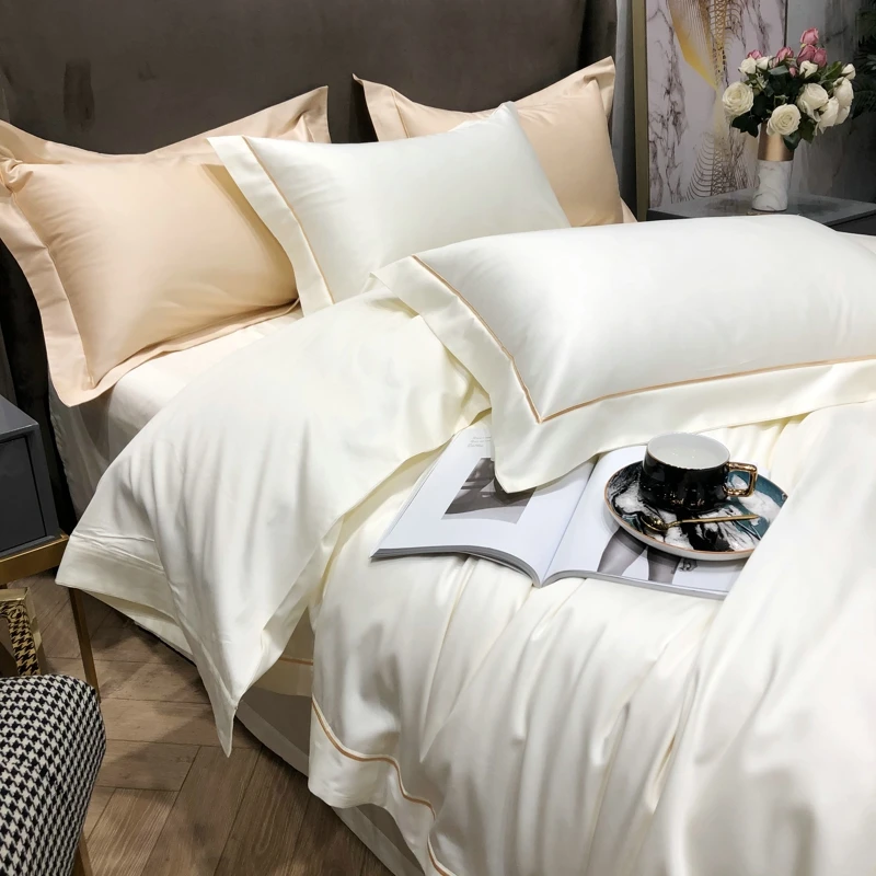 2023 four-piece bedding simple cotton double household bed sheet quilt cover embroidered comfortable fashion solid white color