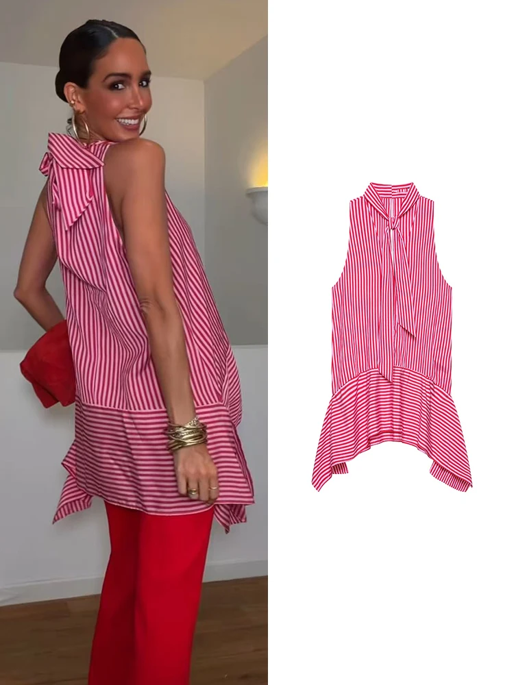 TFMLN Neues Minikleid mit unregelmäßigem Saum für Damen, ärmellos, mit Schleife, Schnürkragen, elegantes Party-Chic-Streetwear-Mode-Hemdkleid