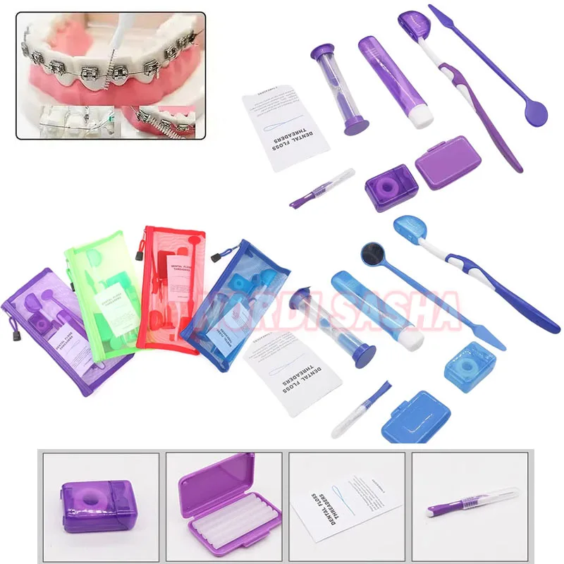 

3 Set/Lot Colorful 8 Pcs Orthodontic Care Kit Dental Orthodontic Toothbrush Interdental Brush Floss Thread Wax Travel Kit
