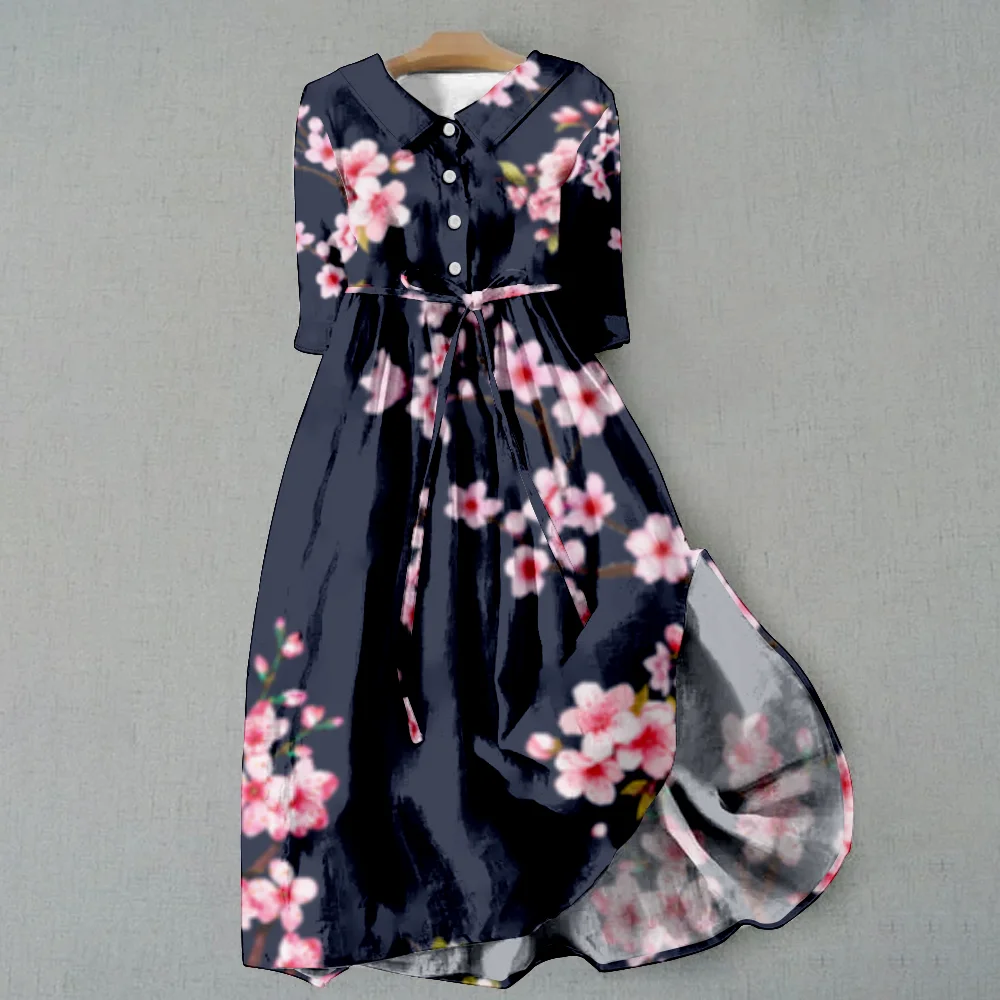 Dresses New Pastoral Simpe Lace Up Frock Printed Lapel Long Traf Summer Autumn Single Breasted Holiday Beach Plus Size Outfits