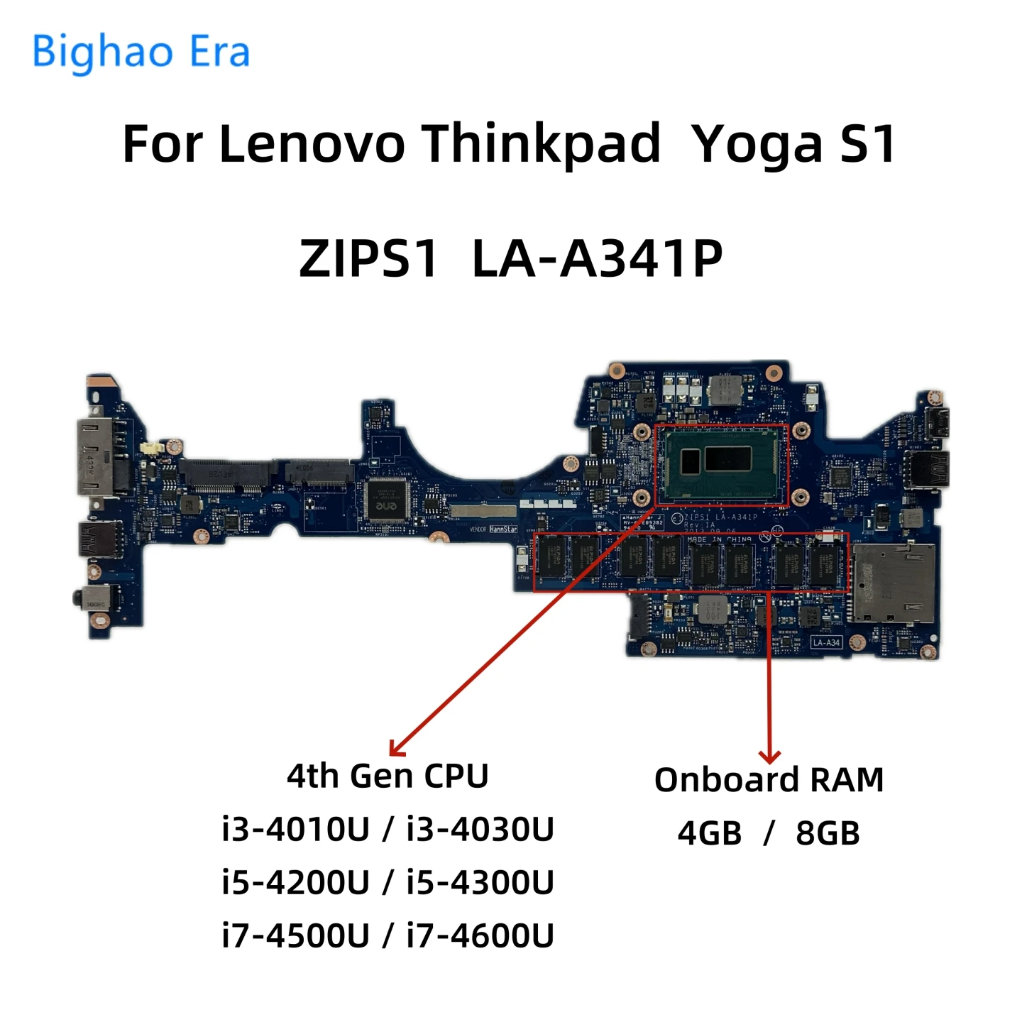 

ZIPS1 LA-A341P For Lenovo Thinkpad Yoga S1 Laptop Motherboard With i3-4010U i5-4200U i7-4500U CPU 4GB/8GB-RAM 00HW078 00HT164