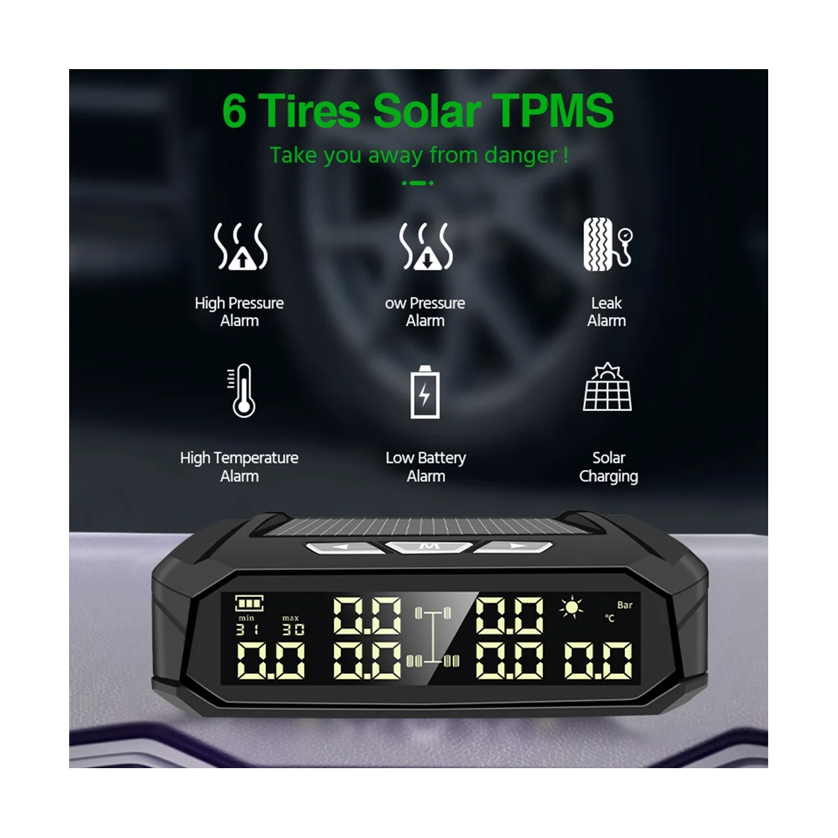 Car TPMS Tyre Pressure Monitoring System Solar Power Digital Display Auto Security Alarm with 6 External