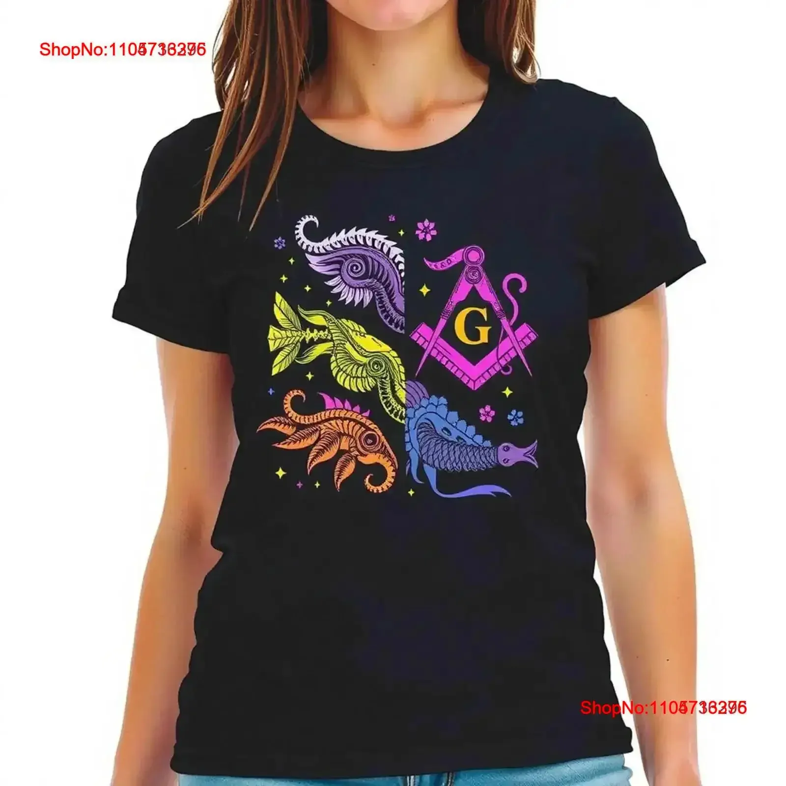 Vibrant Mythical Sea Creatures T Shirt with Masonic Unique Black Cotton vintage Washed Comfortable Versatile graphic Soft homme