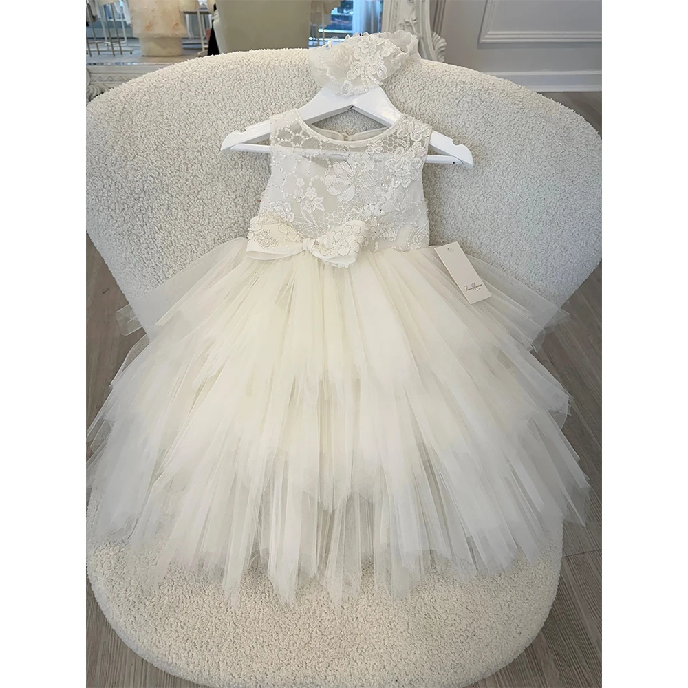 SZHNYLW Puffy Flower Girl Dress White Layers Baby Girl Dress with Bow Tulle Kids Gown Child Dresses First Communion