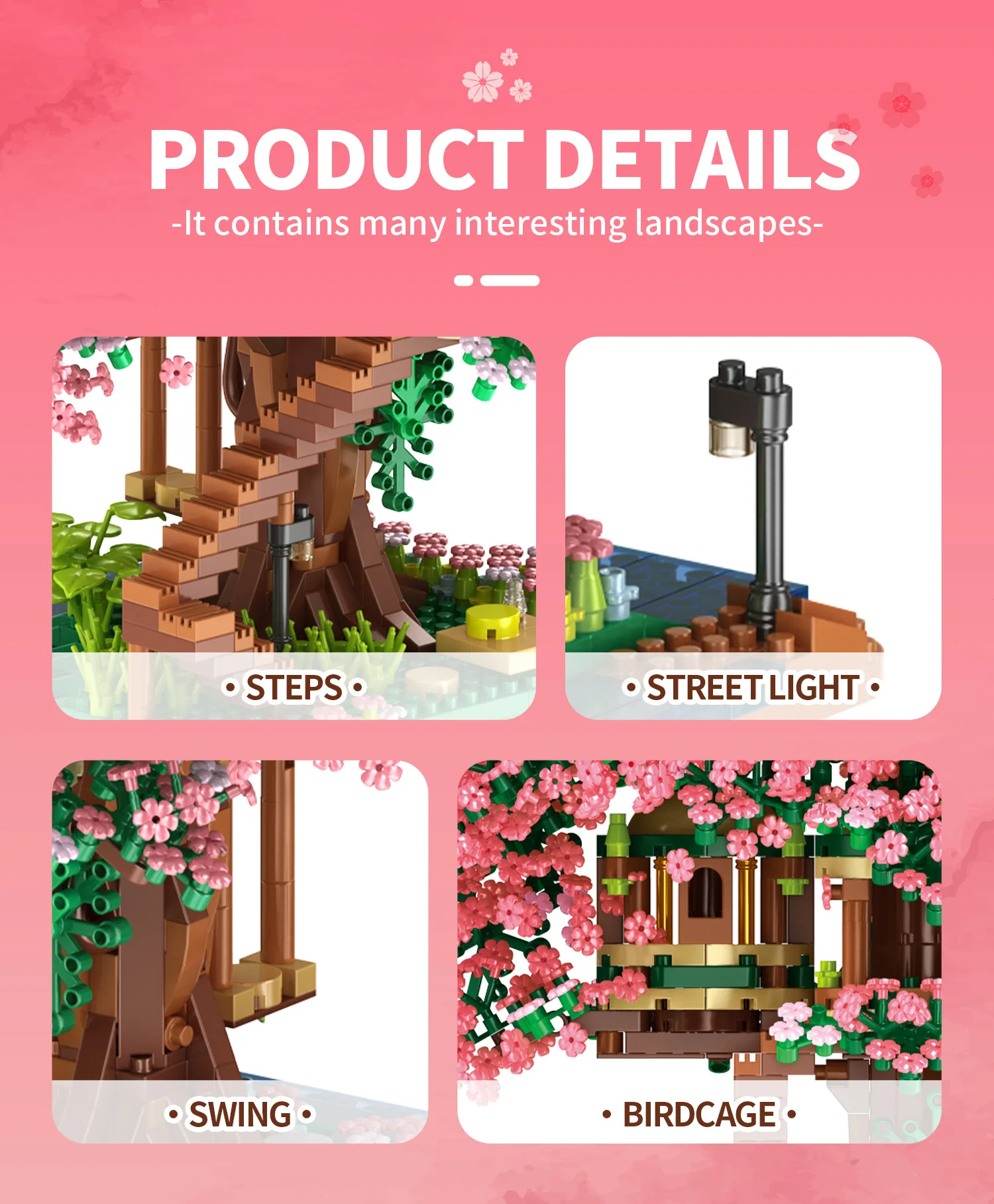 Baumhaus-Baustein-Set, Regenbogen-Sakura, Weihnachten, rote Kirschblüten, 3D-Modell, Mini-Bausteine, Figuren, Spielzeug für die Heimdekoration – Detail 13