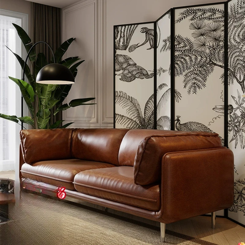 New multi-person oil wax leather sofa French retro living room double small apartment medium antique brown American sofa