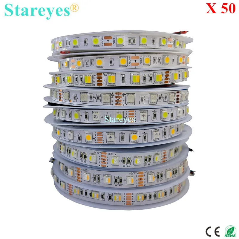 

50 шт. SMD 5050 60 светодиодов/м 5 м Светодиодная лента DC12V DC24V Теплый белый CCT RGB RGBW RGBWW 4 в 1 RGBCCT 5 в 1 Светодиодное освещение ленты IP67