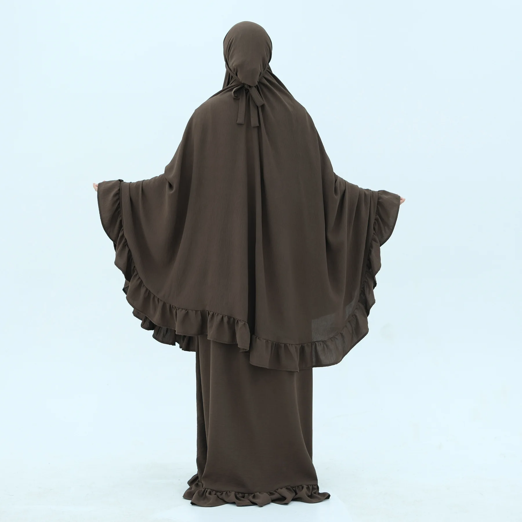 Muslim Set Hijabi Ruffles Jilbab 2 Piece Set Extra Long Khimar Scarf  Abaya Dress Dubai Muslim Women Islamic Prayer Clothes Suit