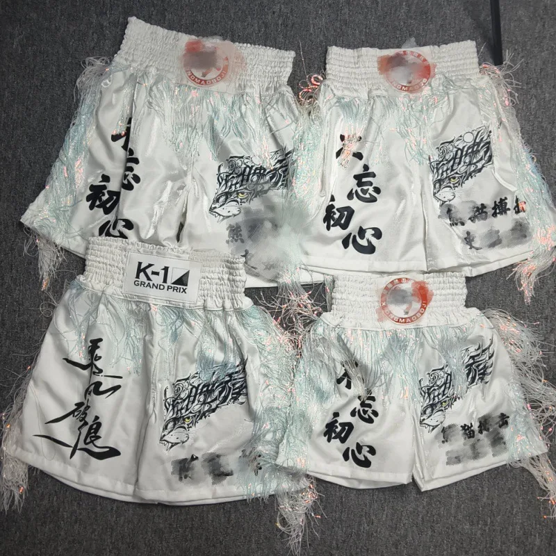 Customized Muay Thai shorts new style fighting Sanda men's and women's free boxing competition training fighting white tassels