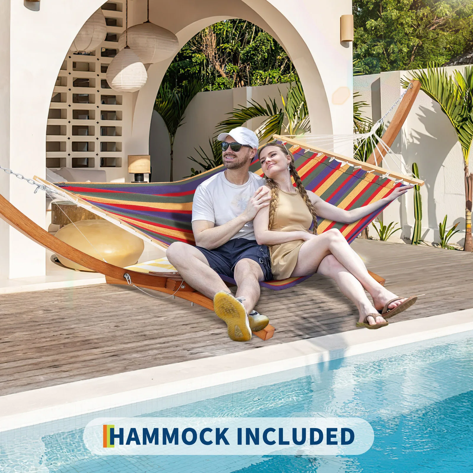 Heavy Duty Curved Wooden Hammock Stand - Weatherproof Global Patio Support Hammock with Chains & Carabiners - Max 475 lbs, Perfect for Backyard, Indoor & Outdoor Use