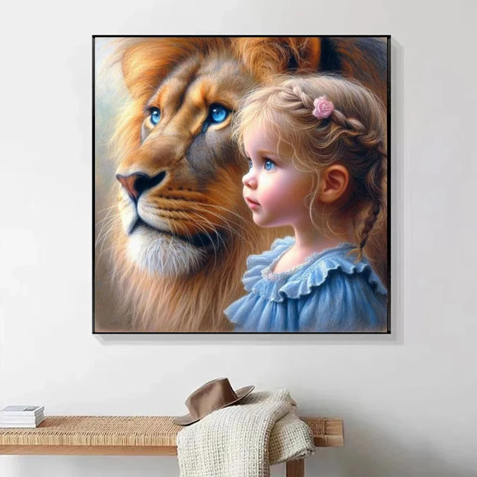 New Arrivals Diamond Painting Portrait Cartoon Girl and Animal Diy Full Drill Dog,Lion Mosaic Home Decoration Art Handmade Gift