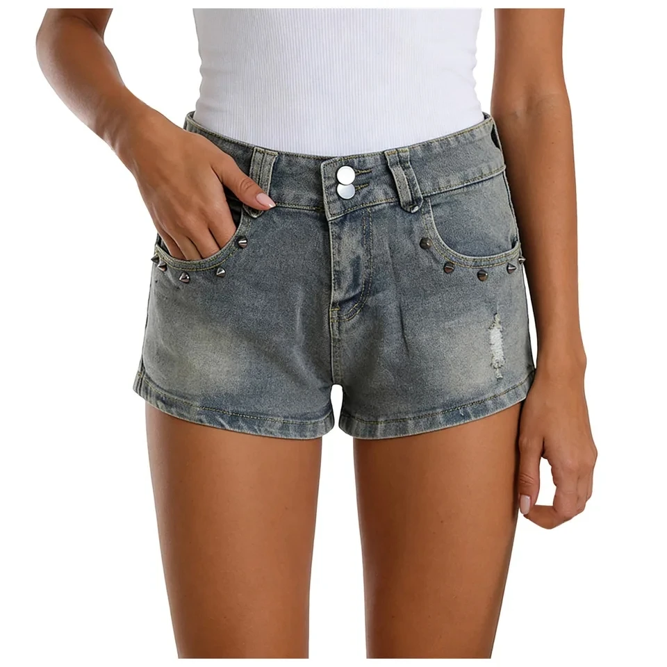 Sexy Women Ripped Denim Shorts 2026 Summer Fashion High Street Skinny Hot Pants Vintage Y2K Rivet Hot Girls Jean Shorts шорты