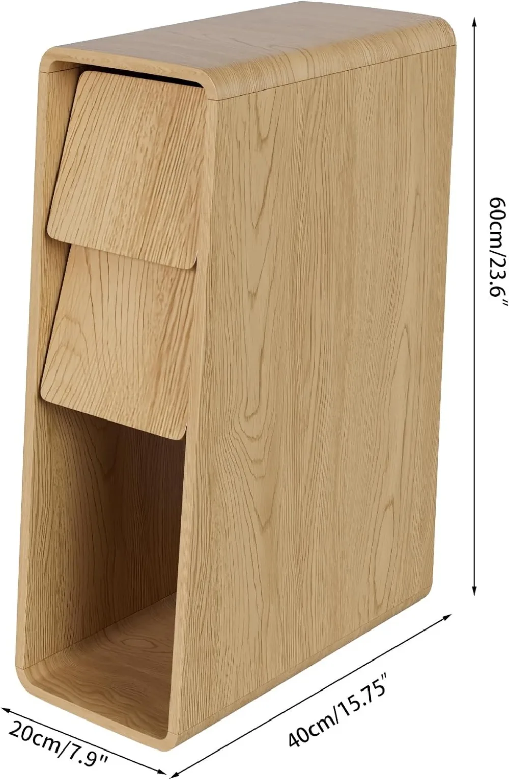 Narrow Nightstand Set of 2, Slim Wooden Bedside Table with Slanted Drawers, Mid Century Modern, Oak