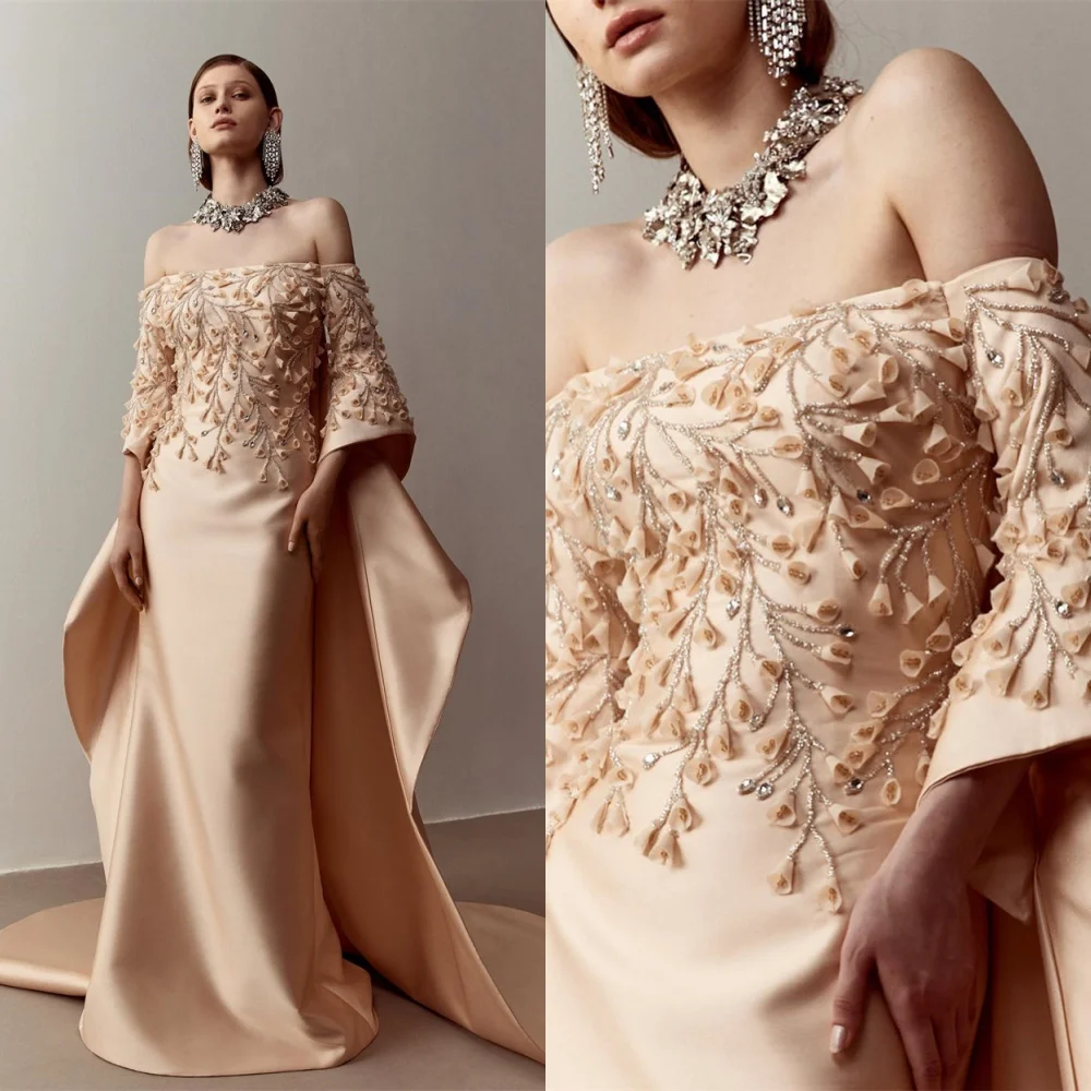 Customized  Classic Champagne Satin Evening Dress Exquisite Strapless Off the Shoulder Long Sleeves Crystal Homecoming