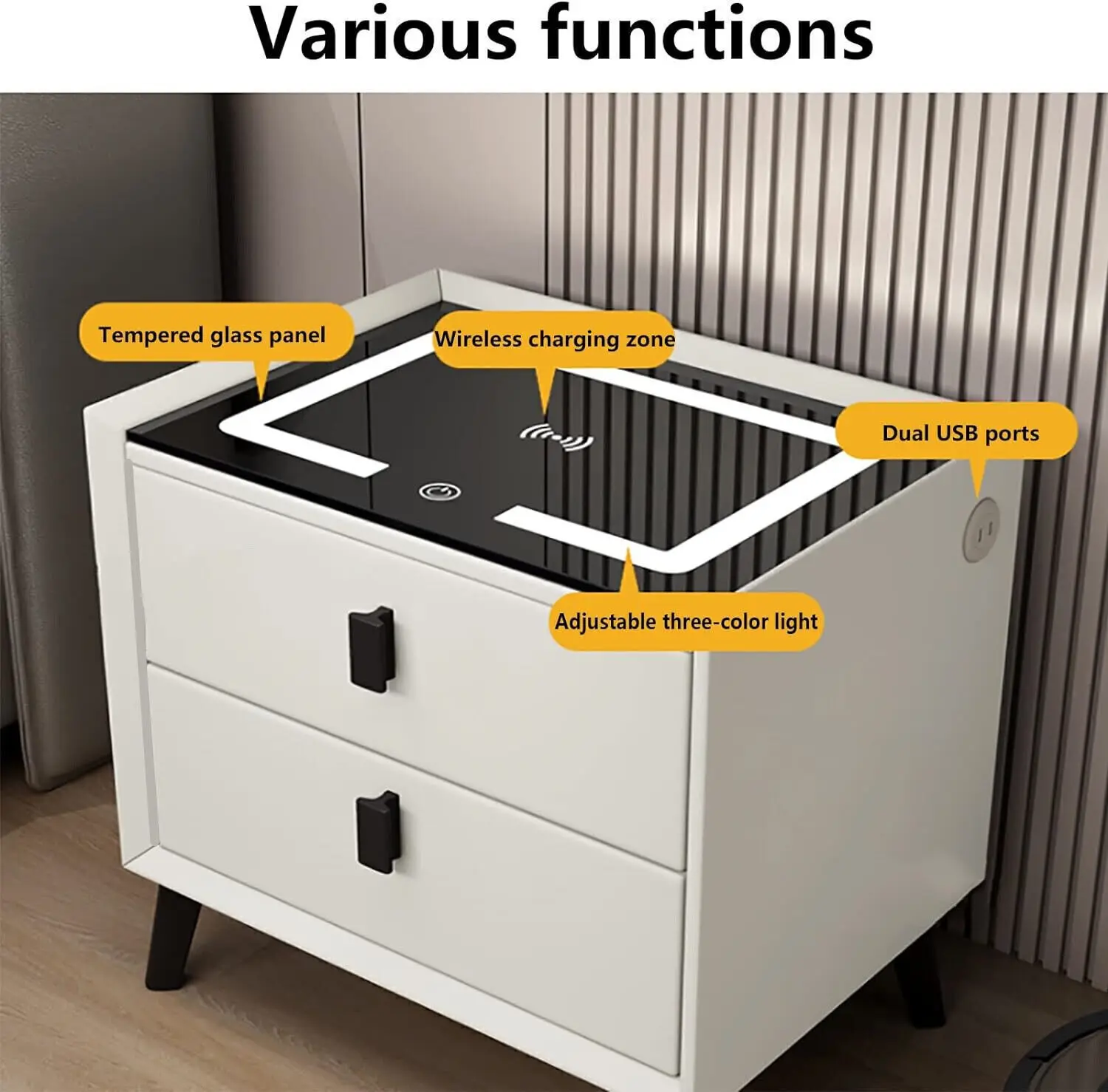 Glow Bedside Table with Wireless Charging & 2 Drawers — 7
