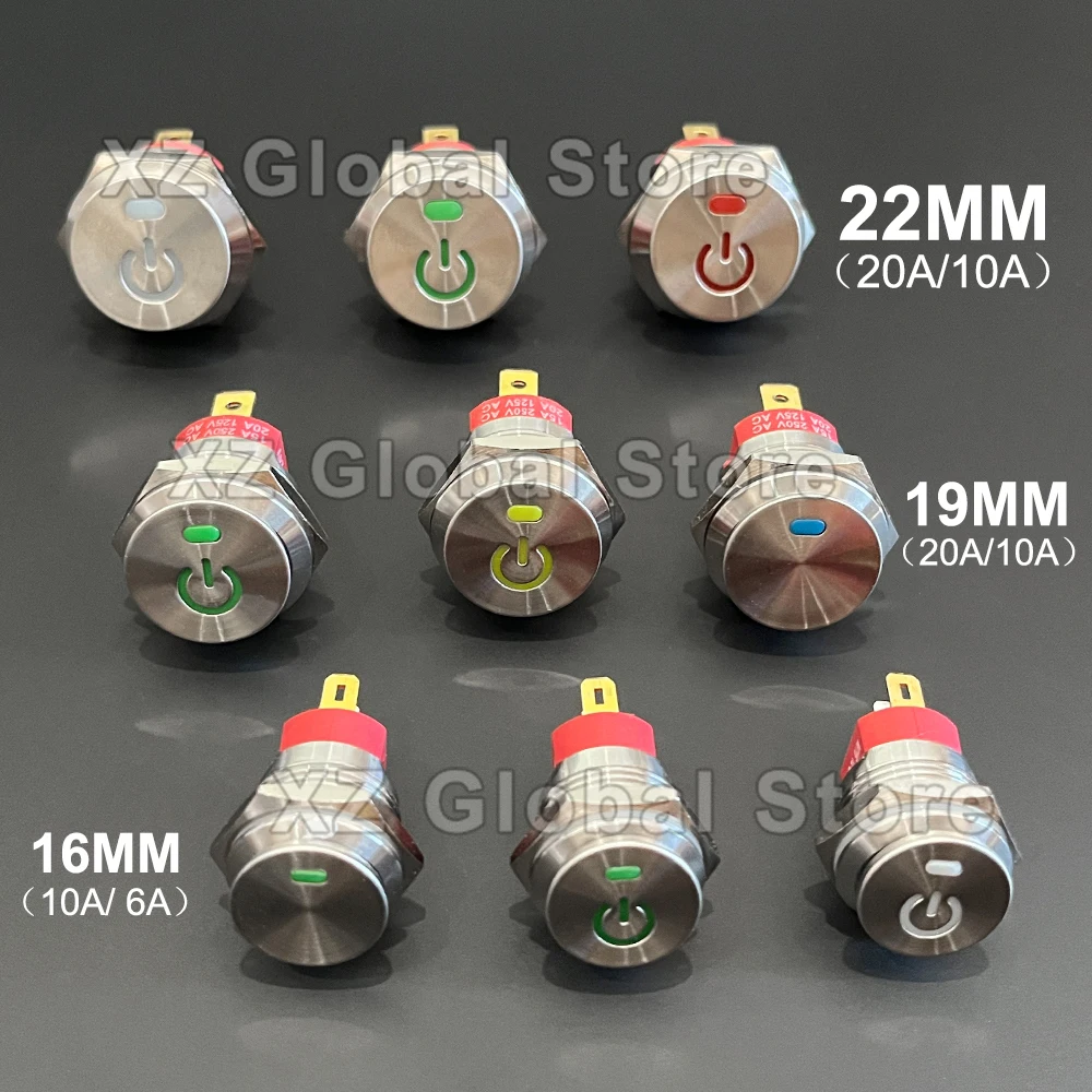 16/19/22mm Metal Toggle Rocker Switch LED Illuminated Car RV Boat Dashboard Self-locking 12V 24V 20A ON-Off 3 Pin SPST 220V 15A