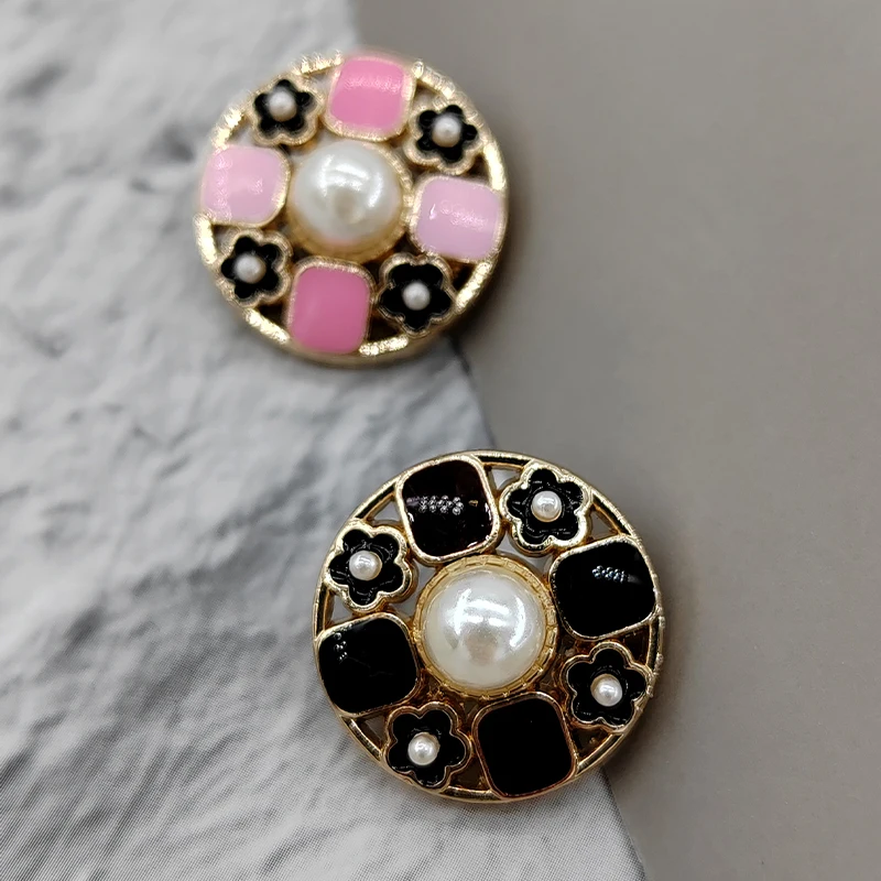 18/21/23MM Pink Black Vintage Pearl Shank Buttons Of Clothing Elegant Fashion Flower Design Sewing Metal Button For Women DIY