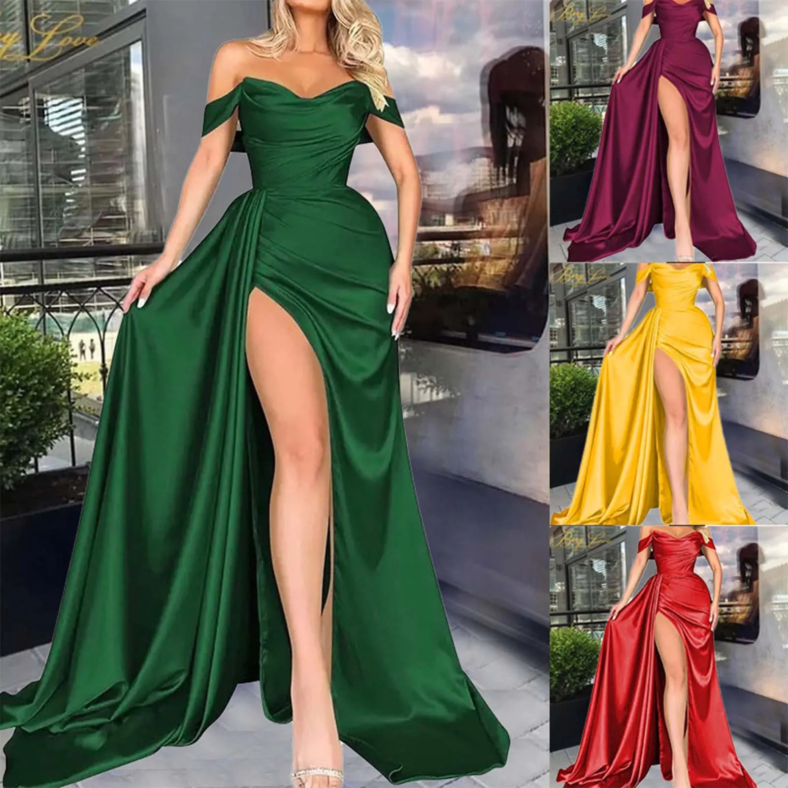 Sexy grau-blaues schulterfreies, perlenbesetztes Satin-Abendkleid, Meerjungfrau für Frauen, Schlitz, V-Ausschnitt, plissiert, rückenfrei, Abendpartykleid 2024