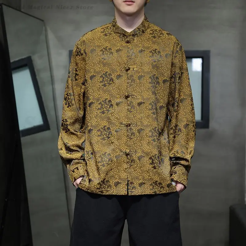

Long Sleeved Tang Clothes Top Chinese Style Standing Collar Button Shirts 2025 Spring Summer New Large Size 4XL Kung Fu Uniform