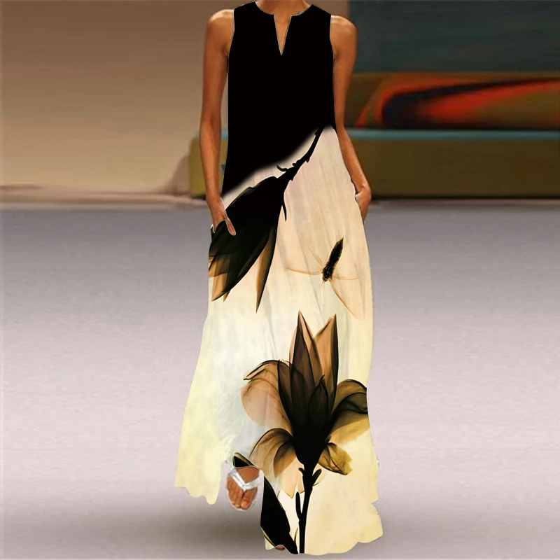 Summer Long Dress Women Sleeveless Loose V-neck Elegant Dresses Party 2026 New Ink Painting 3D Print Vintage Chinese Style Dress
