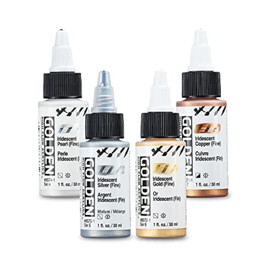 

High Flow Acrylic Paint Set - 4 Iridescent Metallic Colors Copper Gold Silver Pearl - 1 Ounce Bottles - Metallic Acrylic Paint