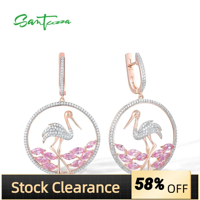 

SANTUZZA Pure 925 Sterling Silver Earrings For Women Sparkling Pink Stones White CZ Flamingo Earrings Animal Chic Fine Jewelry