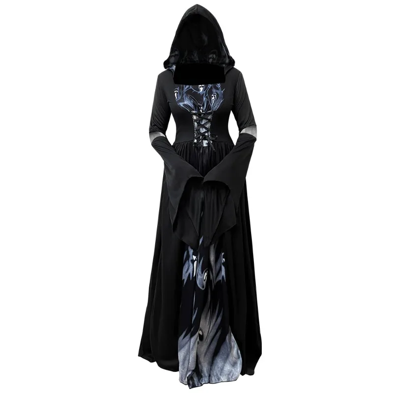 

Halloween witch dress, hooded skull stage costume