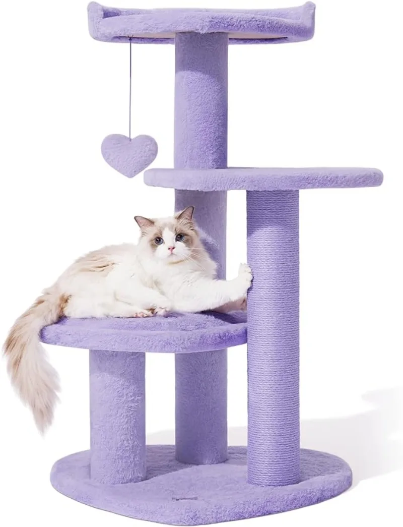 40in Cat Tree Cat Tower with Cat Scratcher Heart Shaped Platform, Scratching Post, Multi Level, Cute, with Dangling Ball, Purple