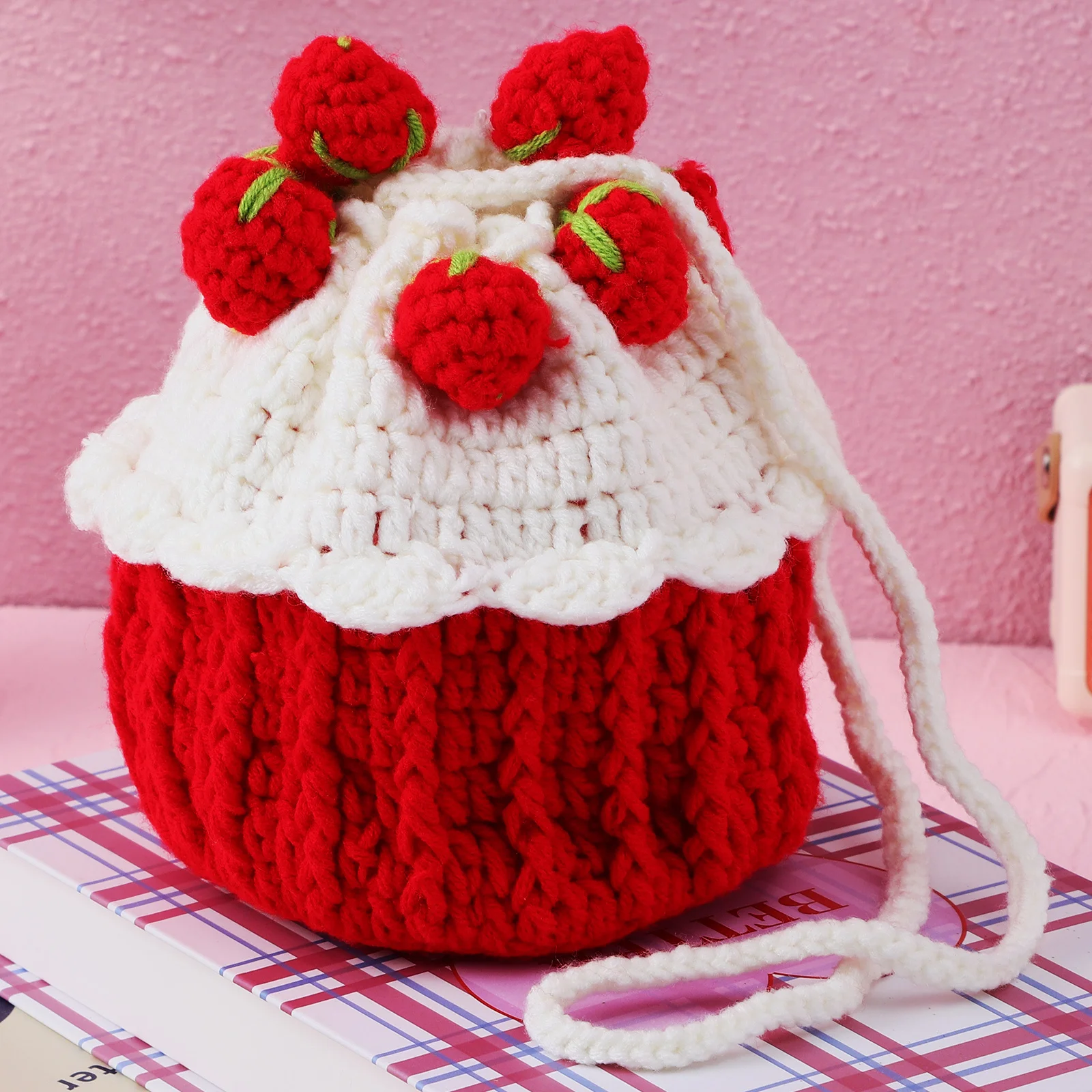 

Strawberry Cake Bag Knitted Drawstring Purse Lightweight Soft Crochet Crossbody Beach Small Tote Bucket Handbag Women