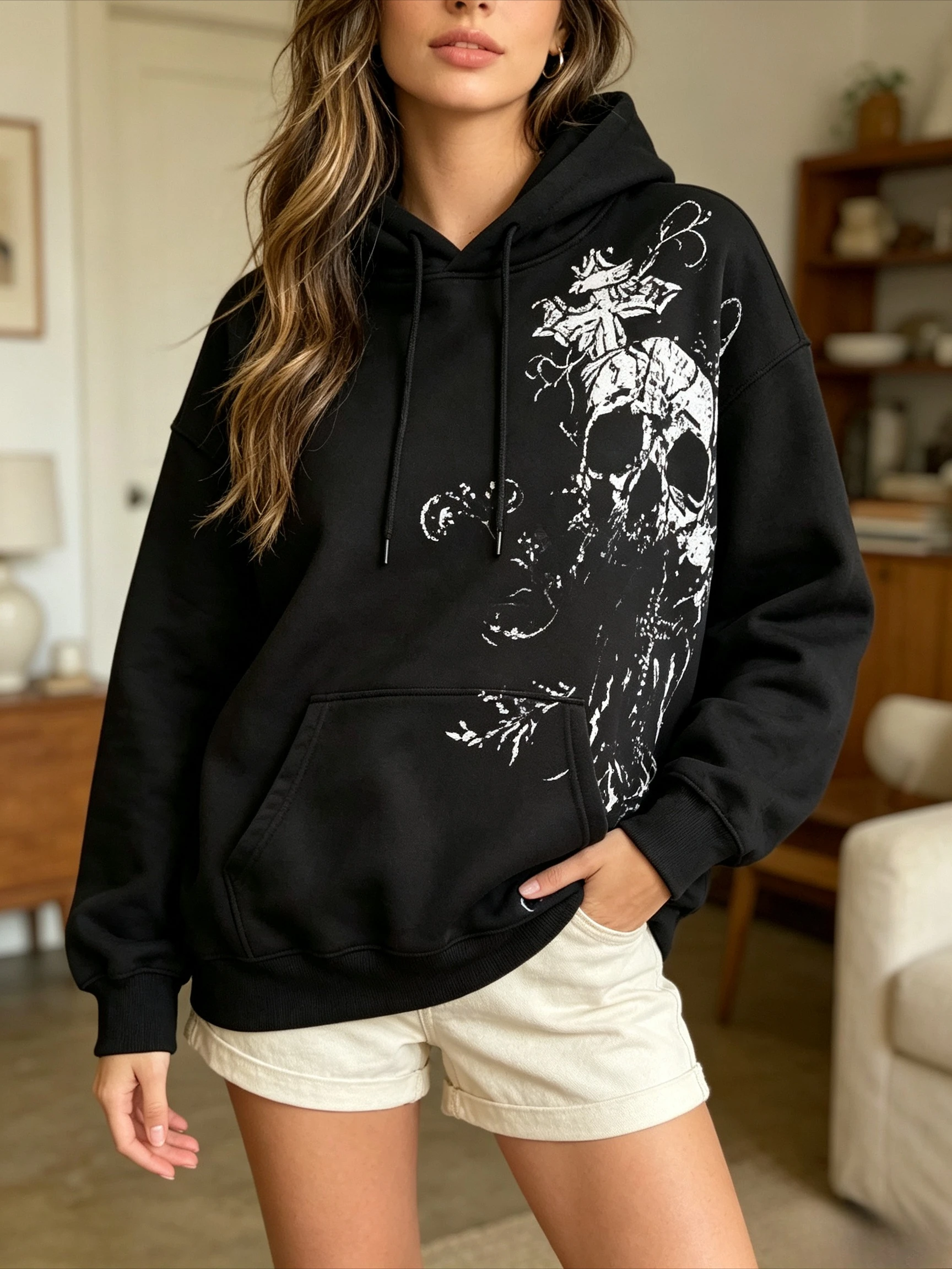 Black Pullover Hoodie Distressed White Skull Flower Print Drawstring Hood Kangaroo Pocket Loose Oversized Long Sleeve Sweatshirt