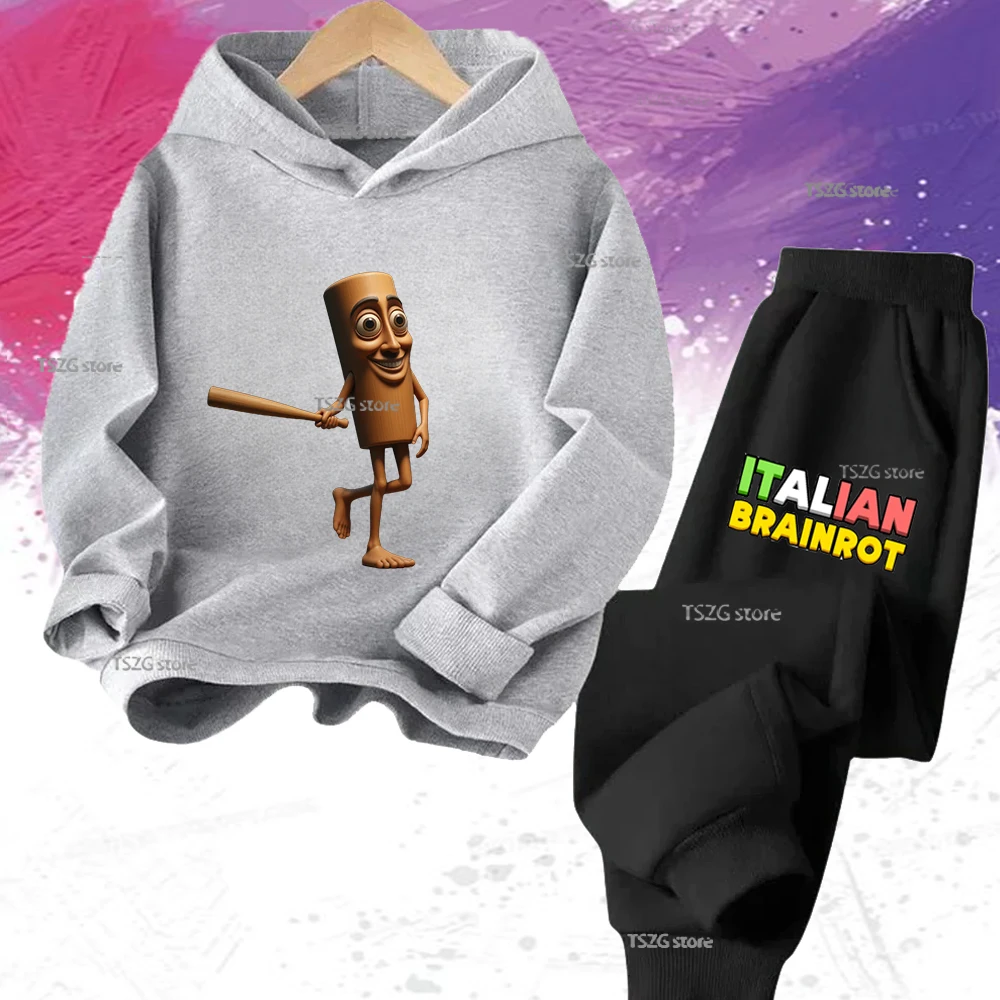 

Детские толстовки с капюшоном и брюками Talian Brainrot, комплект из 2 предметов, детский осенний теплый спортивный костюм с длинными рукавами для мальчиков и девочек