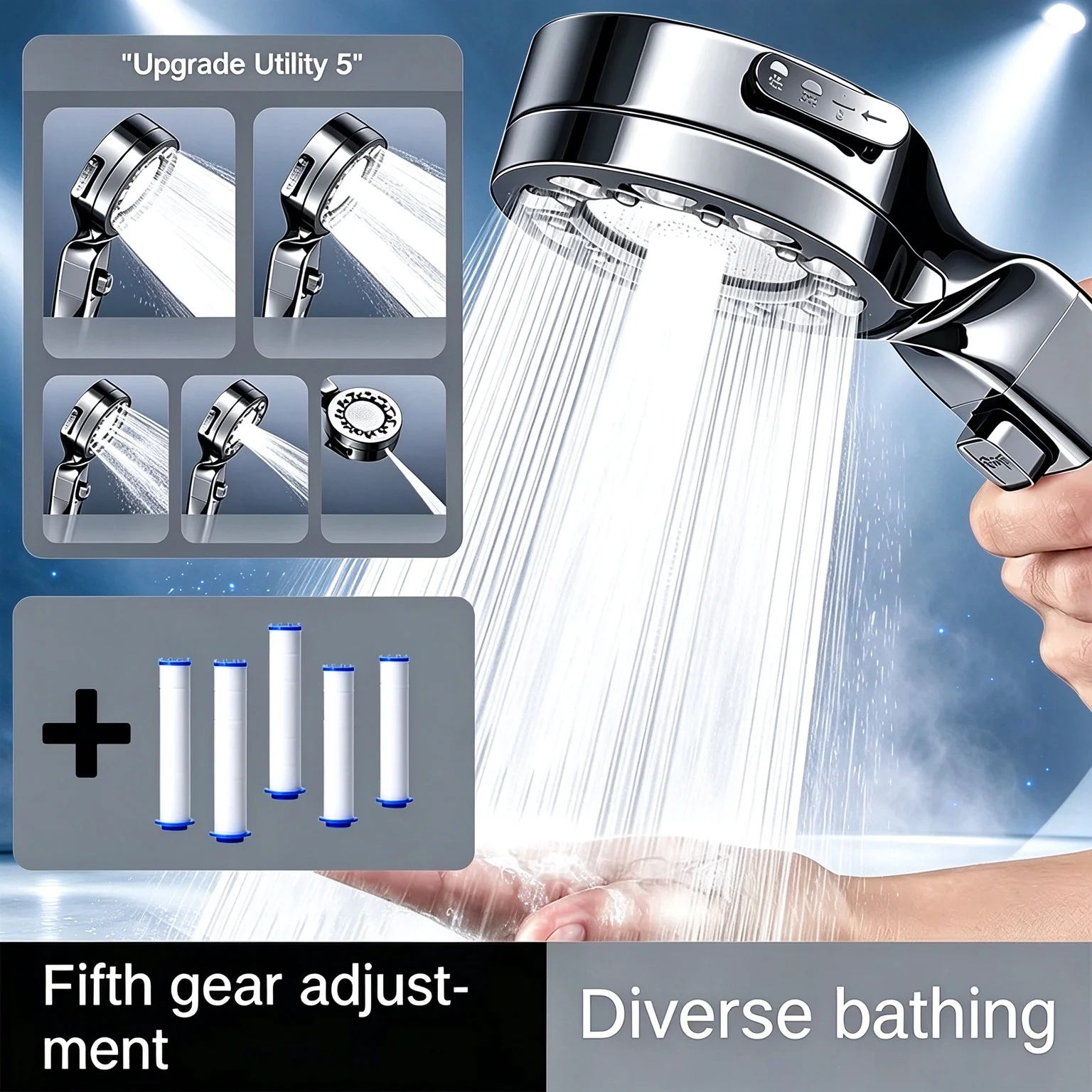 High Pressure Handheld 5 Modes Shower Head with Cotton Filters Chrome Water Saving Softener for Bathroom Daily Cleaning