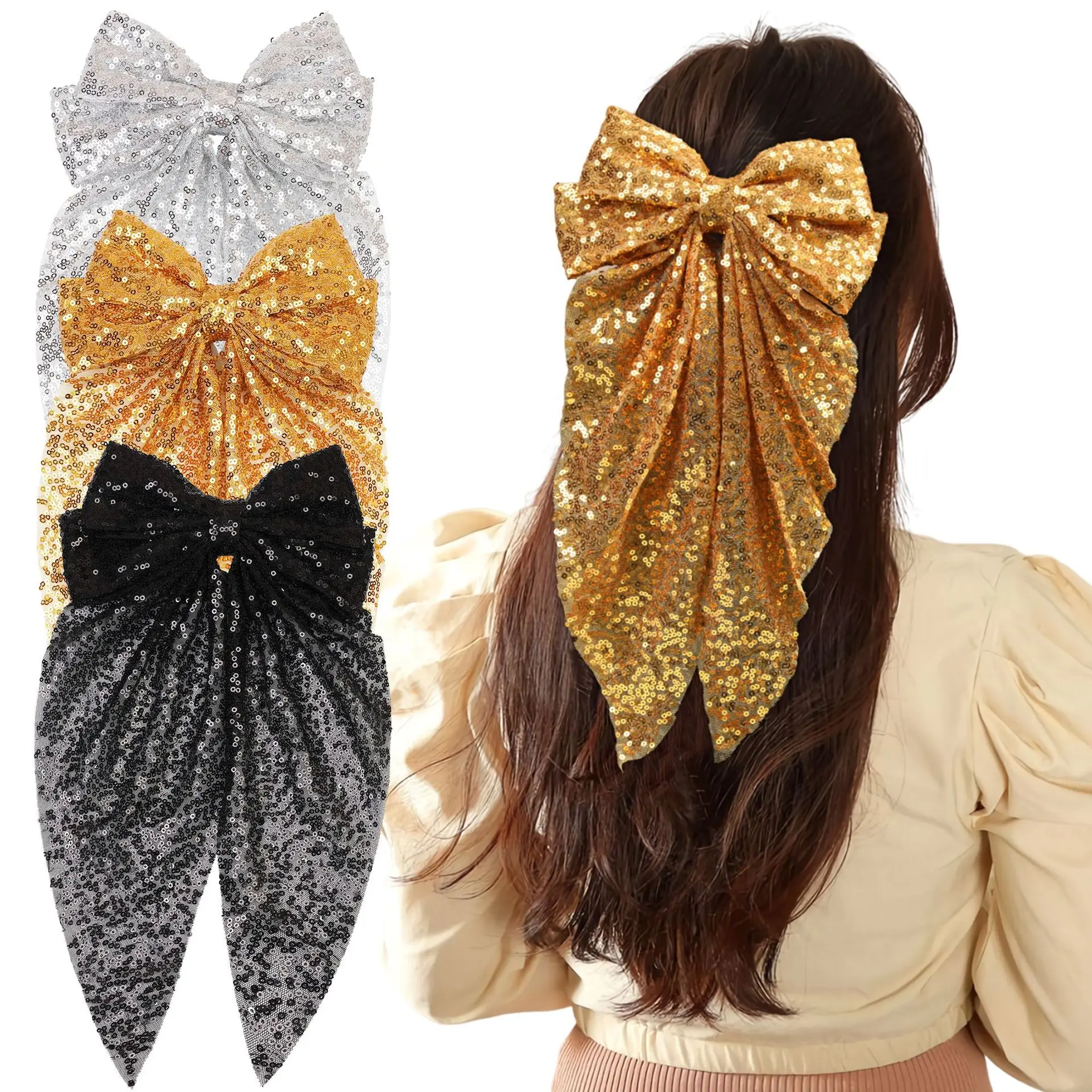 Glitter Sequin Hair Clips Champagne Oversized Bows Hairpins for Girls Back Head Barrettes Children New Fashion Hair Accessories