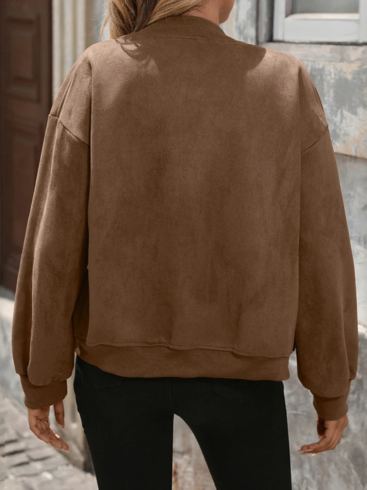 New in Autumn Winter Vintage Women's Suede Bomber Jacket Loose Zipper Pockets Long Sleeve Female Coat Lady Casual Streetwear