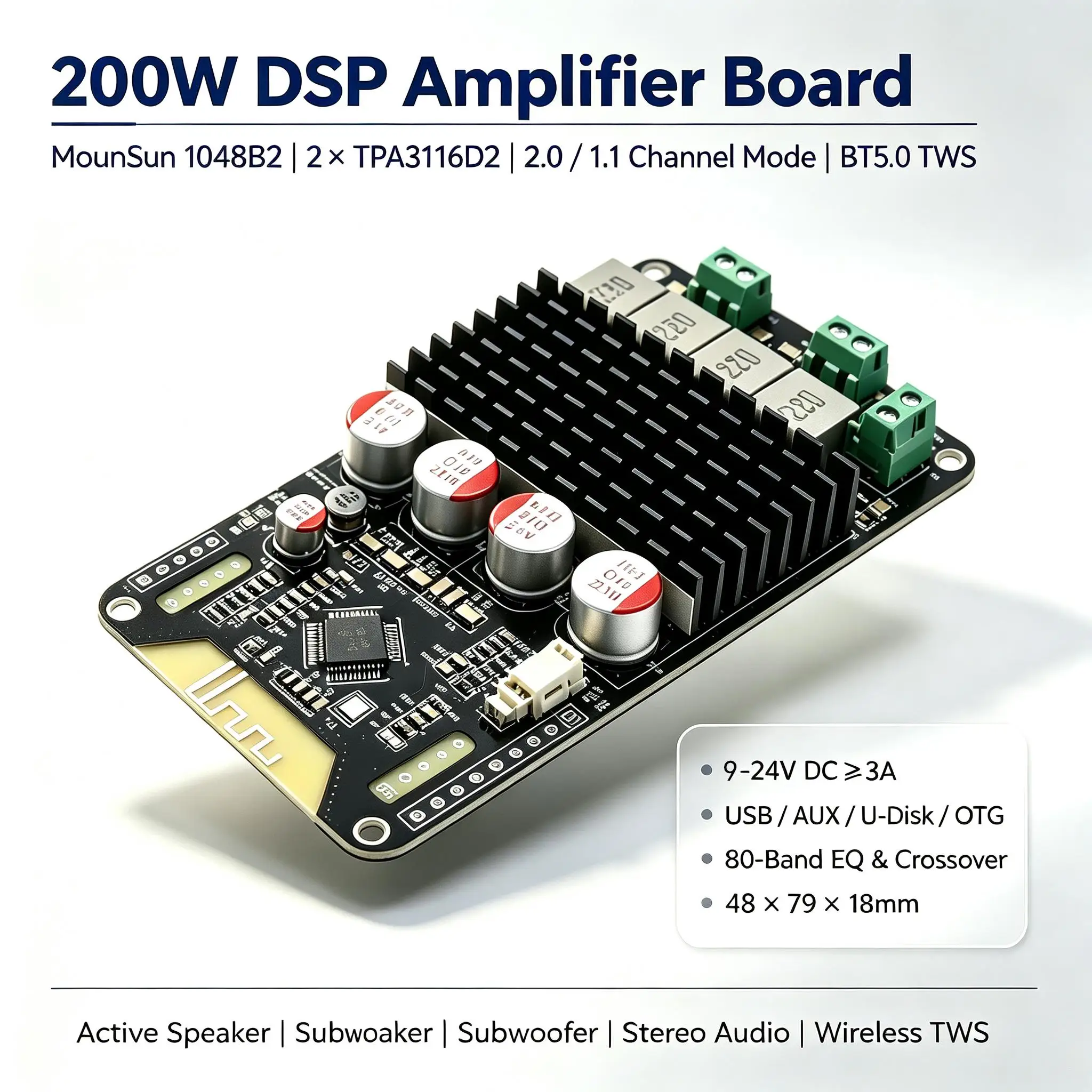 DYKB Bluetooth DSP Amplifier Board 200W BQ1048B2 TPA3116 BT5.0 TWS Band EQ DC 12V 24V Type-C USB Tune For AUX USB Sound Card