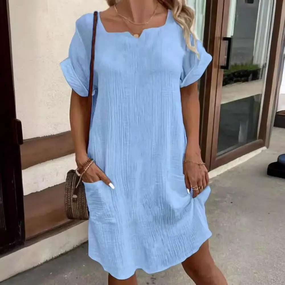 

Solid Color Dress V-neck Dress Stylish V Neck Midi Dress with Side Pockets Casual Comfortable Versatile Women's Summer Fashion